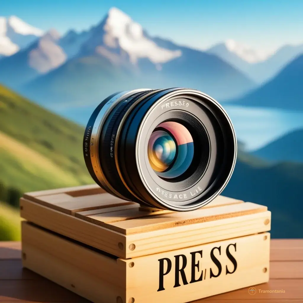 Flat design close-up illustration of a vintage camera lens resting on a wooden crate labeled "PRESS", with soft focus background suggesting a crowd and distant mountains in cream and blue tones.