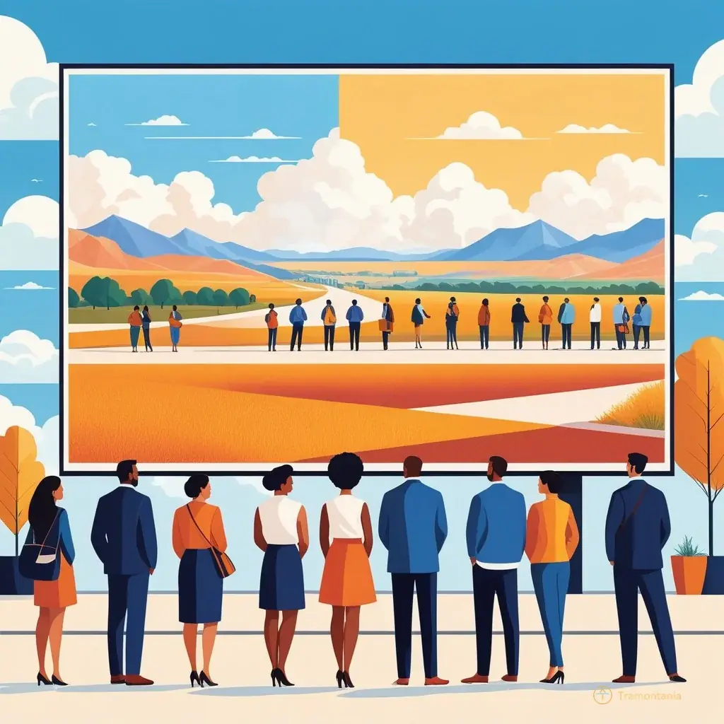 Flat design wide illustration of a diverse group of people standing in front of large outdoor photo prints on the street, looking intently at images of landscapes and portraits, under a clear sky with subtle geometric clouds.