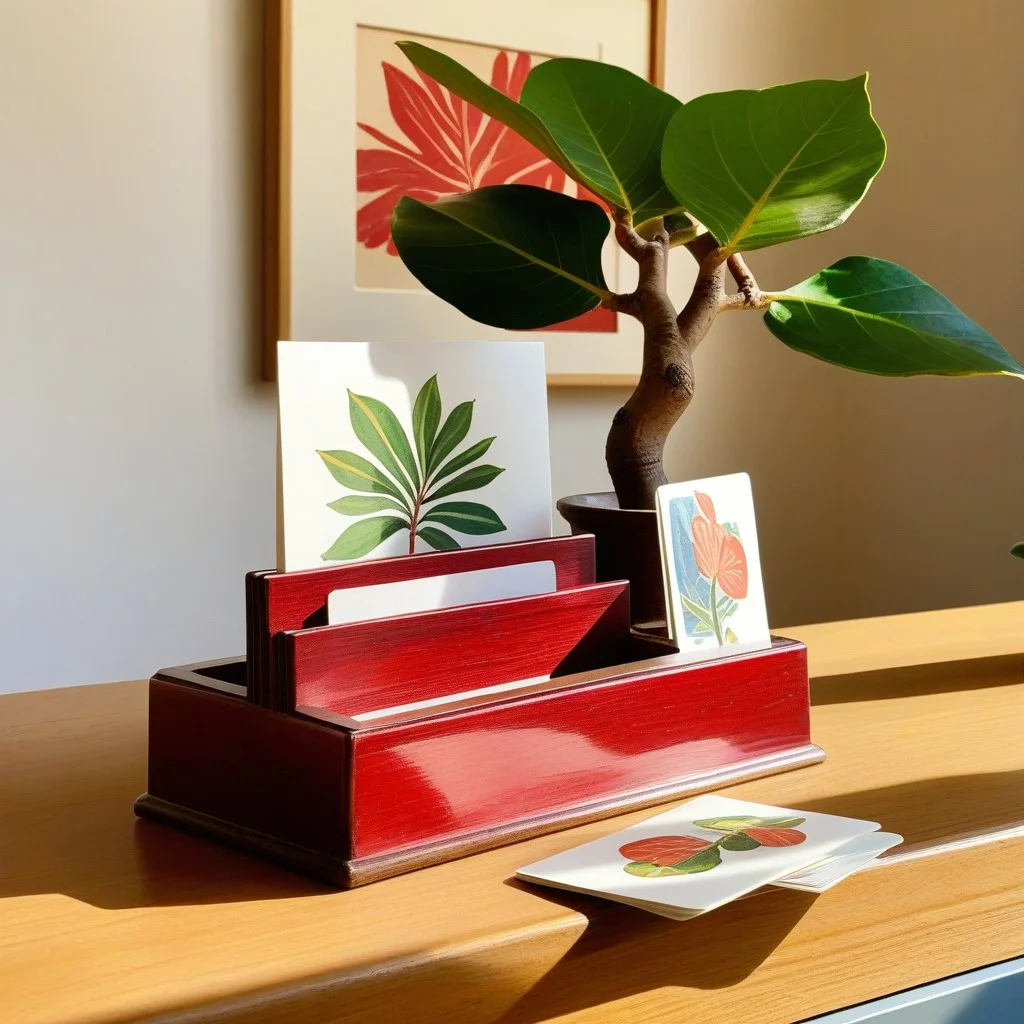 A detail of a weathered wooden card holder on the museum’s reception desk, three art cards still inside, one lying slightly askew as if just drawn — ink smudged at the corner, faint fingerprints on the glossy surface. Behind, a sliver of a red Matisse painting and a potted fig tree in sunlight.