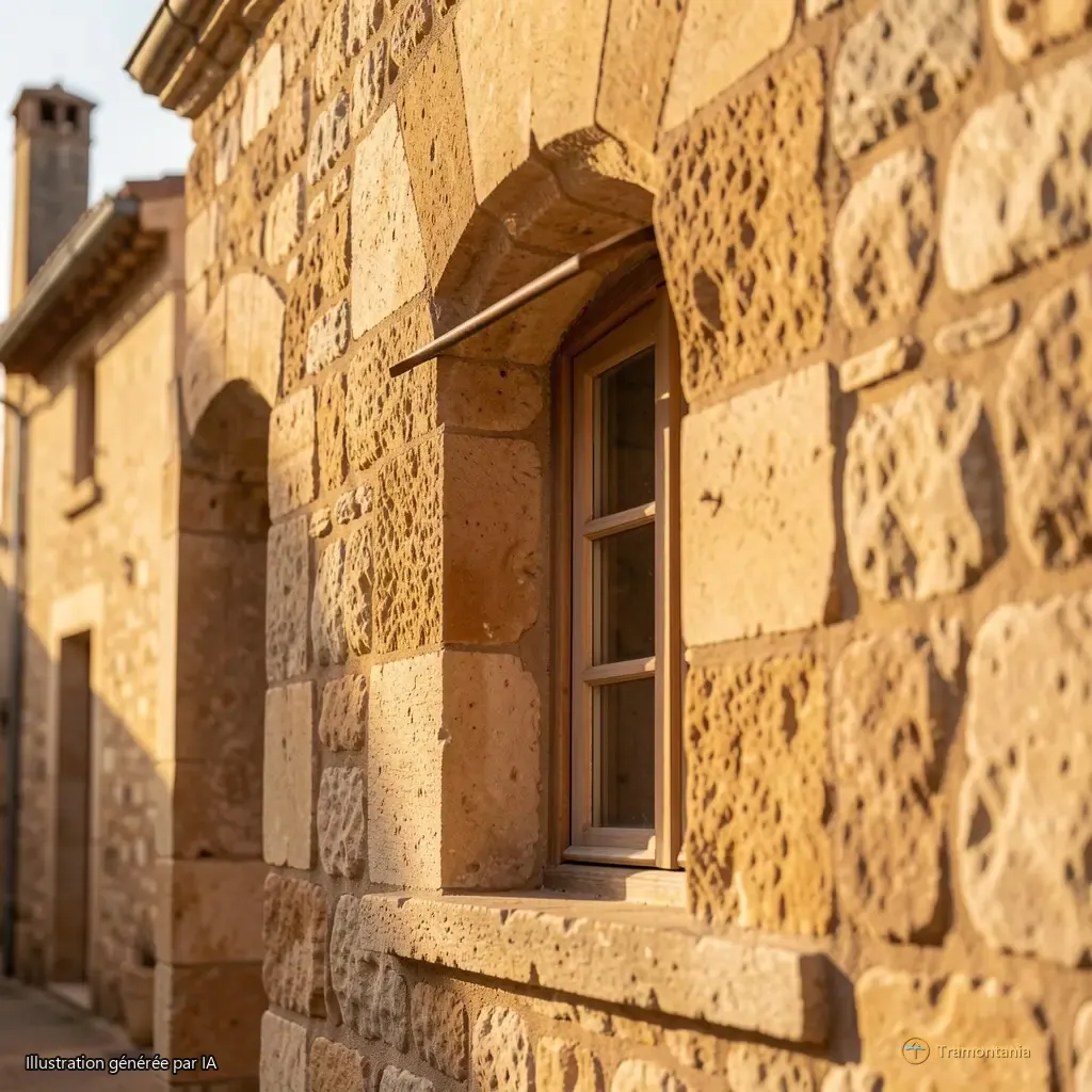 Façade en pierre avec fenêtre à meneaux, Caudiès-de-Fenouillèdes, lumière rasante, cadrage serré sur le détail sculpté