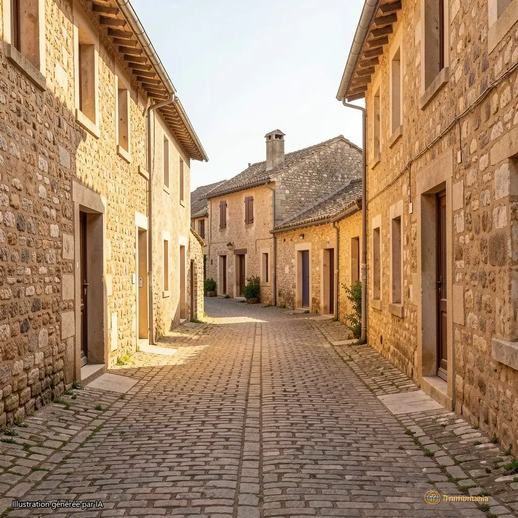 Ruelle pavée entre deux maisons en pierre, Caudiès-de-Fenouillèdes, lumière du matin, cadrage oblique montrant la pente et les toits