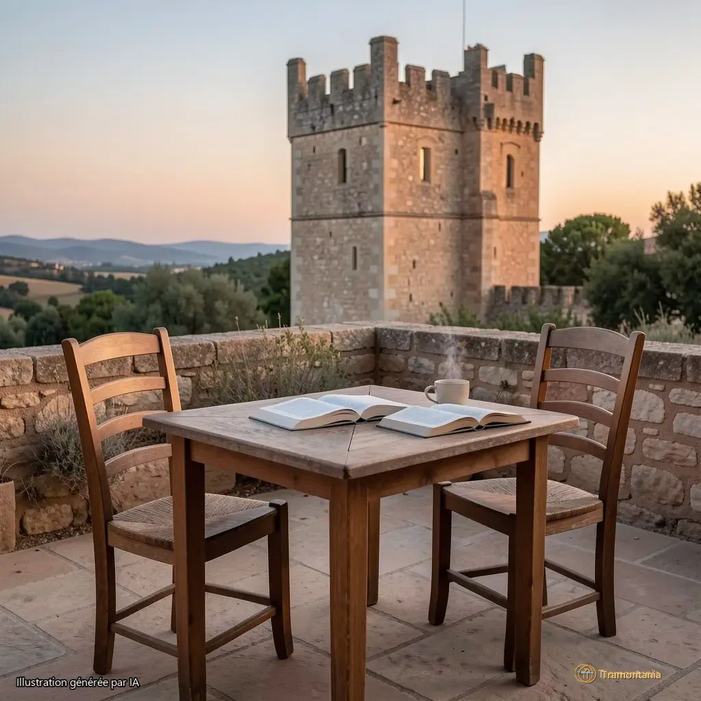 Une table en bois posée sur une petite terrasse, avec deux chaises vides et un livre ouvert à côté d’une tasse encore tiède. Laroque-des-Albères, 19h30. Lumière tamisée du soir. Plan moyen, cadrage incluant la tour romane en arrière-plan.
