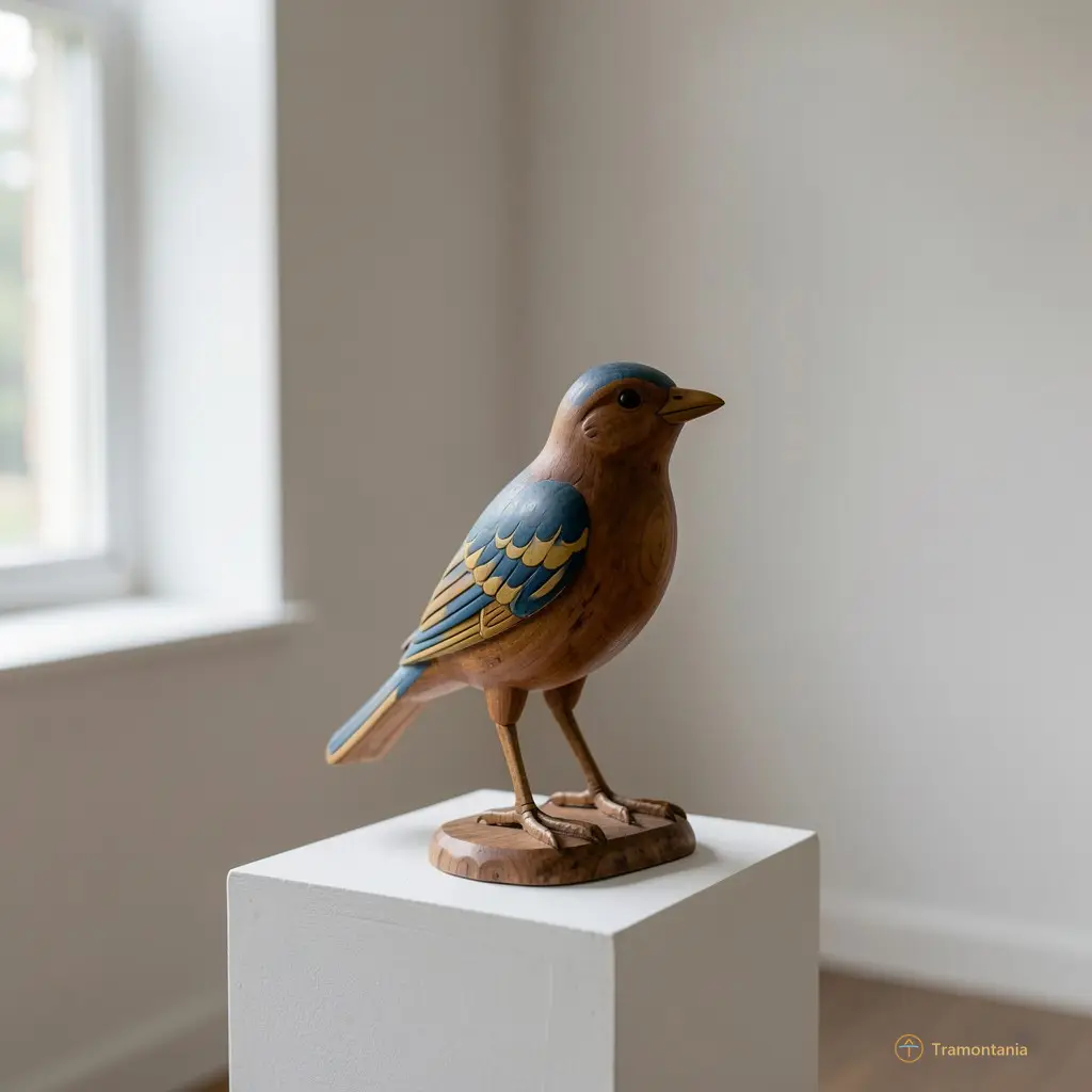 A small wooden sculpture of a bird with painted feathers, placed on a low pedestal in the corner of Room 3, natural light from the side window