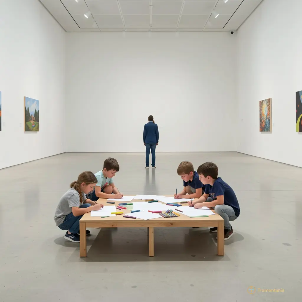 A wide shot of the exhibition hall, empty except for three children crouched near a low table covered in paper sheets and pastels