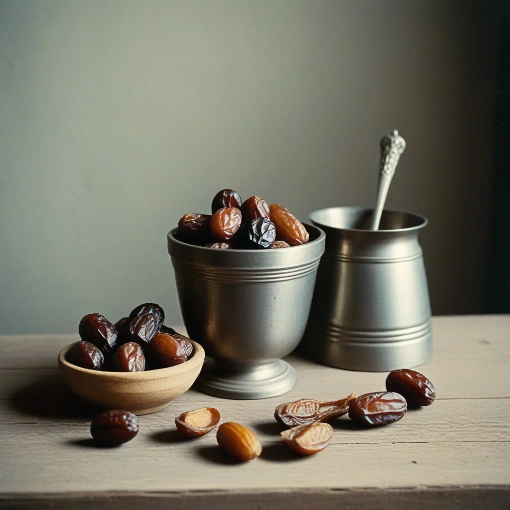 Vieille cuillère en bois gravée de chiffres et de dates, posée sur une table en métal rouillé, près d’un petit pot de terre cuite contenant des spores séchées.