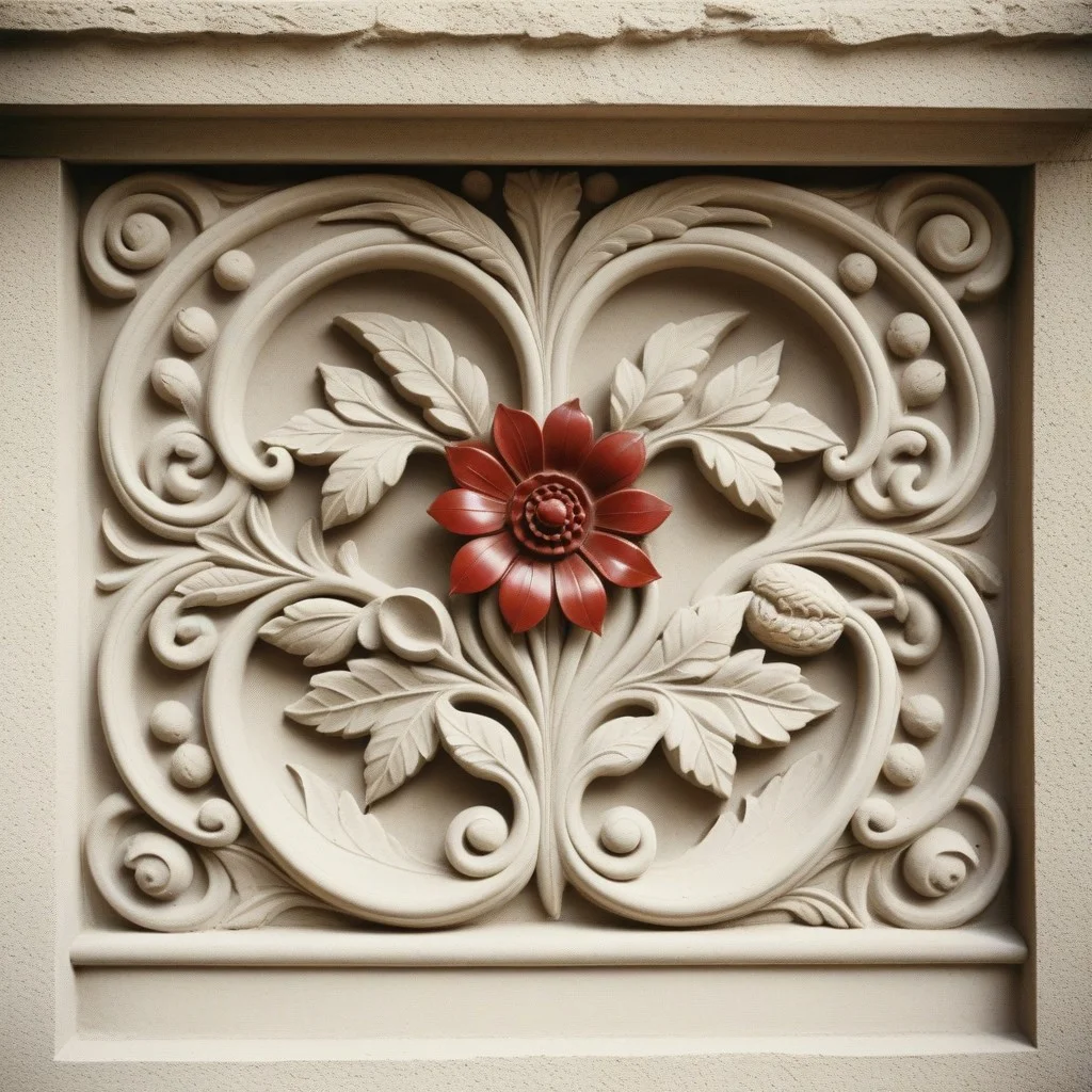 Détail d’une frise sculptée en bas-relief sur une façade de pierre : motifs végétaux stylisés, volutes de feuilles et de fleurs entrelacées, traces de pigments rouges et ocres encore visibles dans les creux.