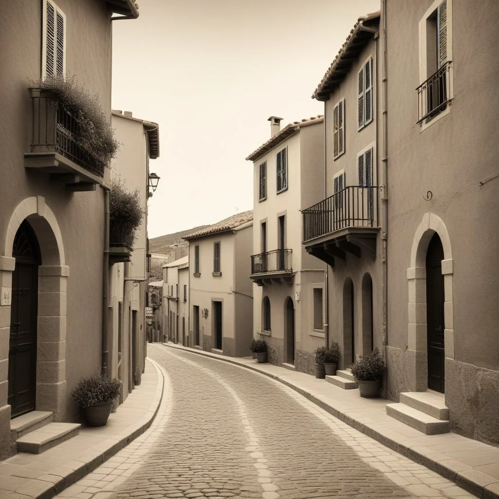 Une vieille photo en sépia montrant une rue étroite de Collioure avec des maisons fleuries.