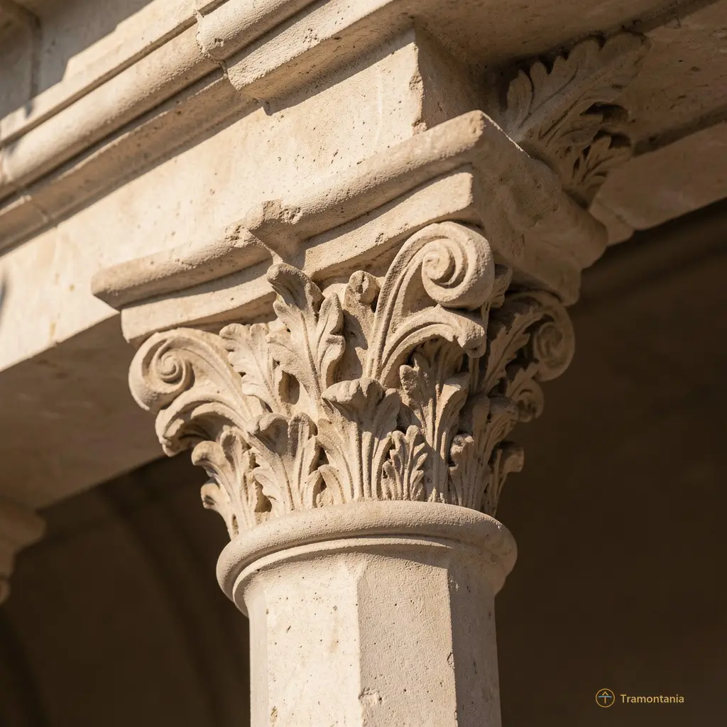 Détail d’un chapiteau sculpté dans l’église abbatiale, lumière naturelle filtrée par les fenêtres hautes, cadrage en plan rapproché sur la pierre humide et les contours nets des motifs