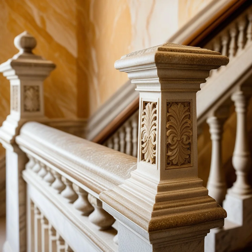 A close-up detail of a worn marble handrail on an old staircase, showing intricate chisel marks and a layer of fine dust, with a vintage sepia photograph leaning against the wall in the blurred background, suggesting a connection to the past.