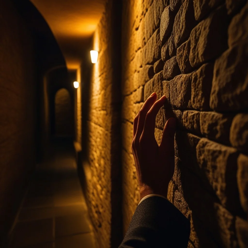 A medium shot of a visitor's hand gently touching the rough texture of an old stone wall in a dimly lit corridor, highlighting the contrast between the warm human touch and the cold, enduring architecture, with soft shadows playing across the surface.