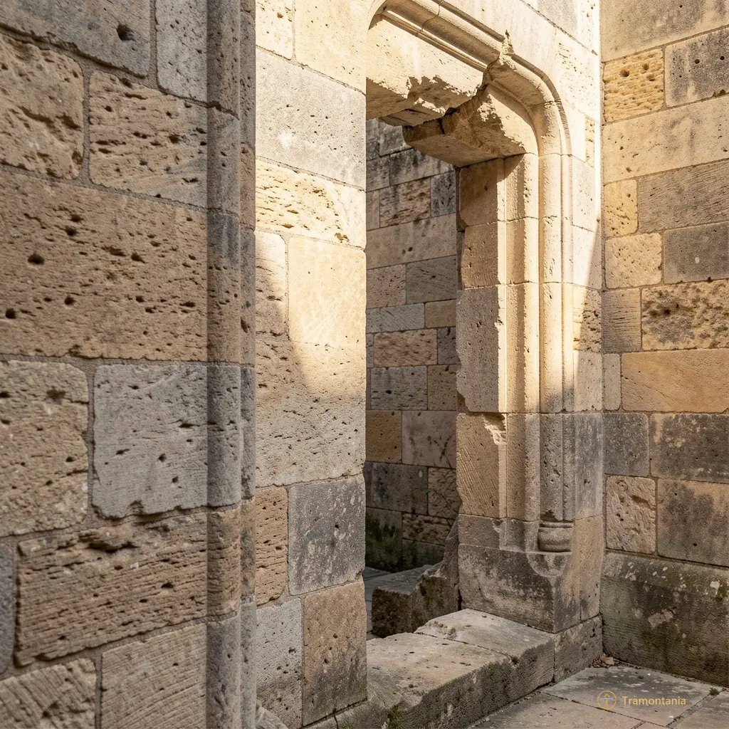Empty courtyard of the former Franciscan convent, Elne, morning light on worn stone steps