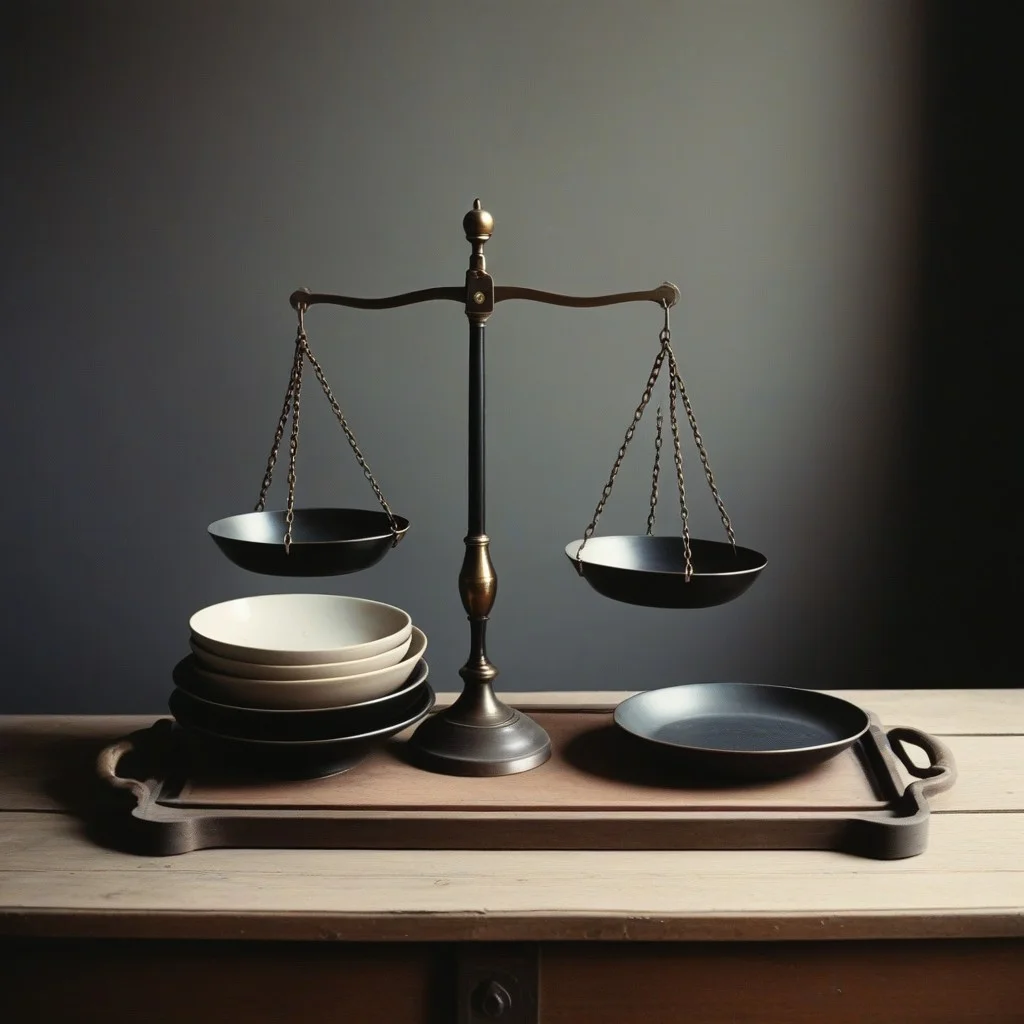 Ancienne balance en cuivre, avec ses plateaux ébréchés et son bras courbé, posée sur une table de bois noir, sans personne à côté.