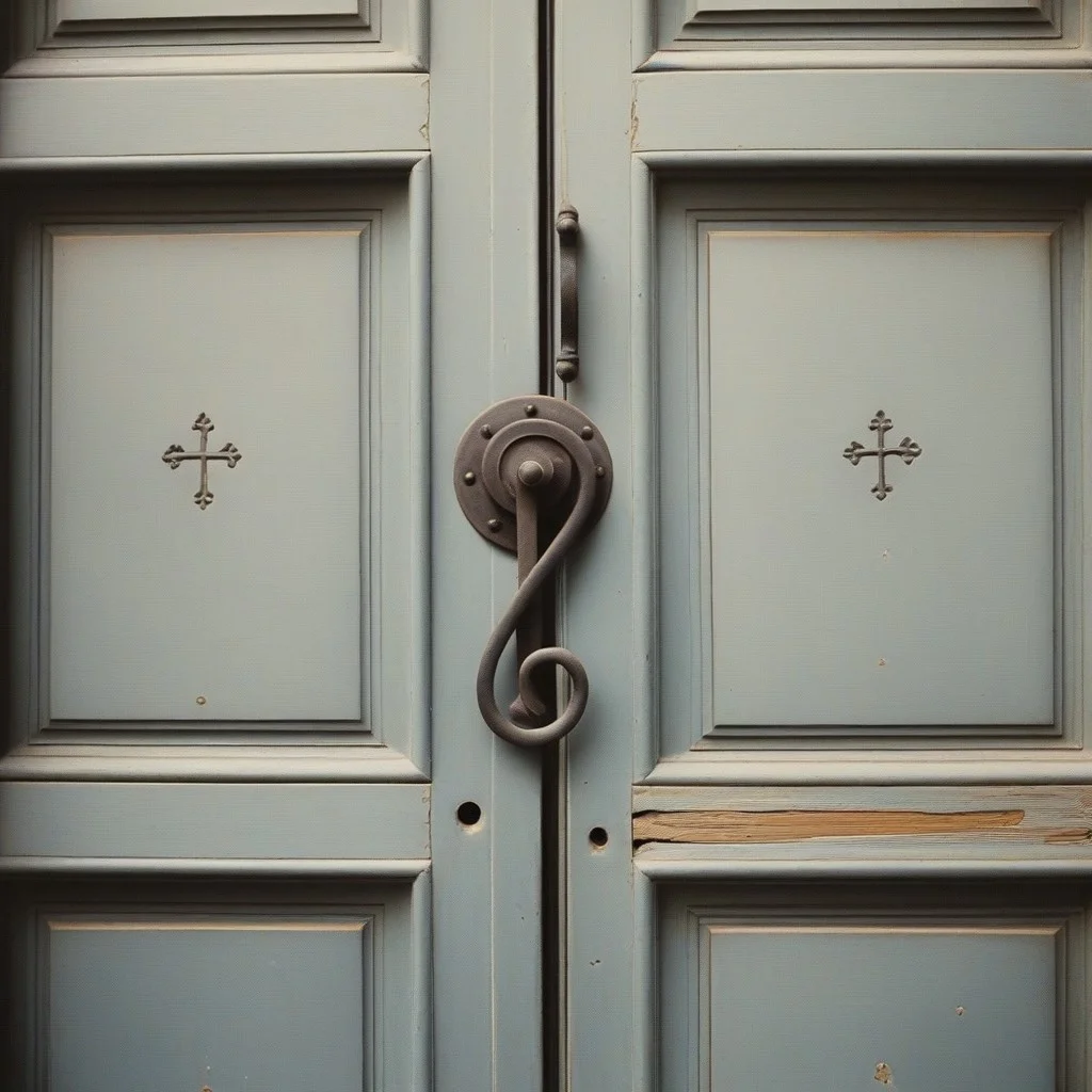 Ancienne clef de porte en fer forgé, rouillée, avec un motif de croix de Malte gravé, posée sur une couche fine de poussière.
