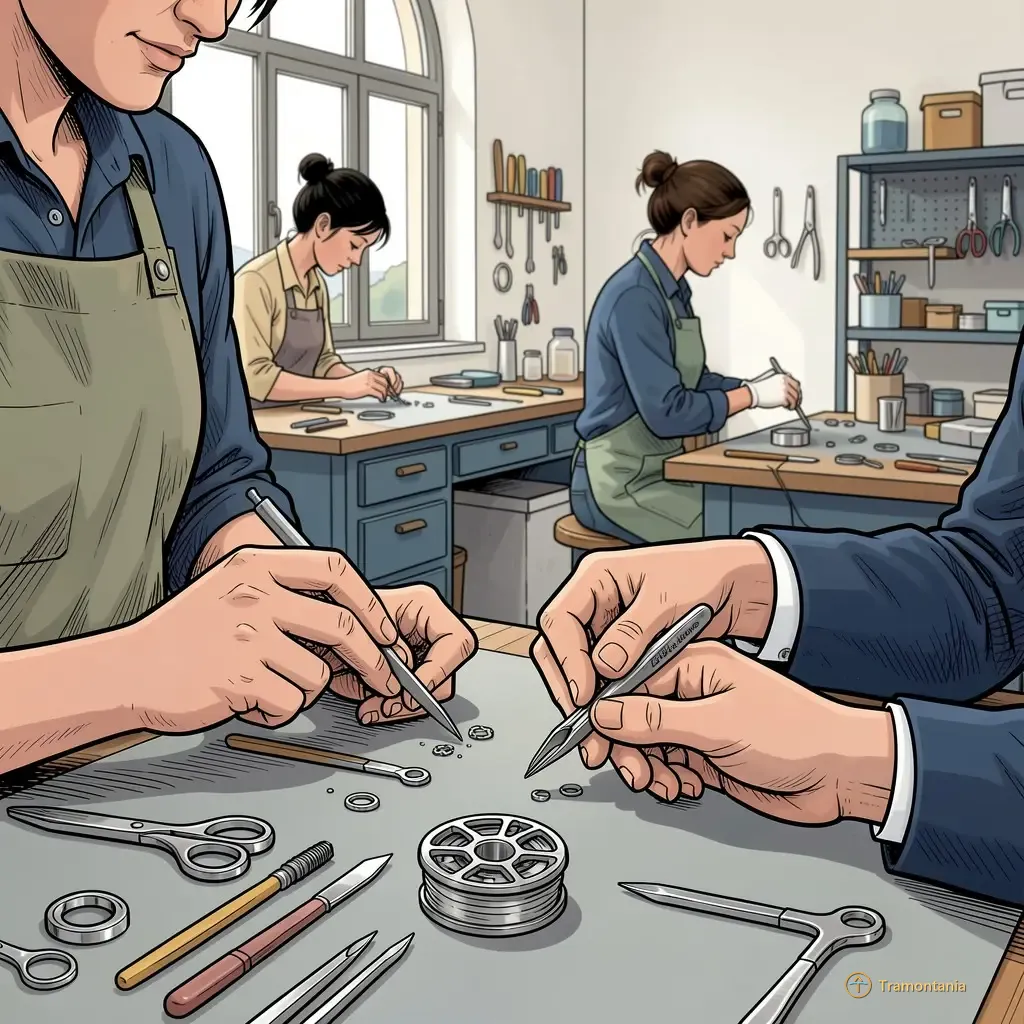 Deux artisans travaillent sur de petits objets métalliques dans un atelier lumineux aux Pyrénées-Orientales avec précision