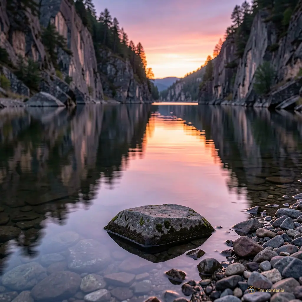 Rivière Tech au crépuscule, eau calme reflétant les parois rocheuses, cadrage serré sur un seul galet posé à la rive