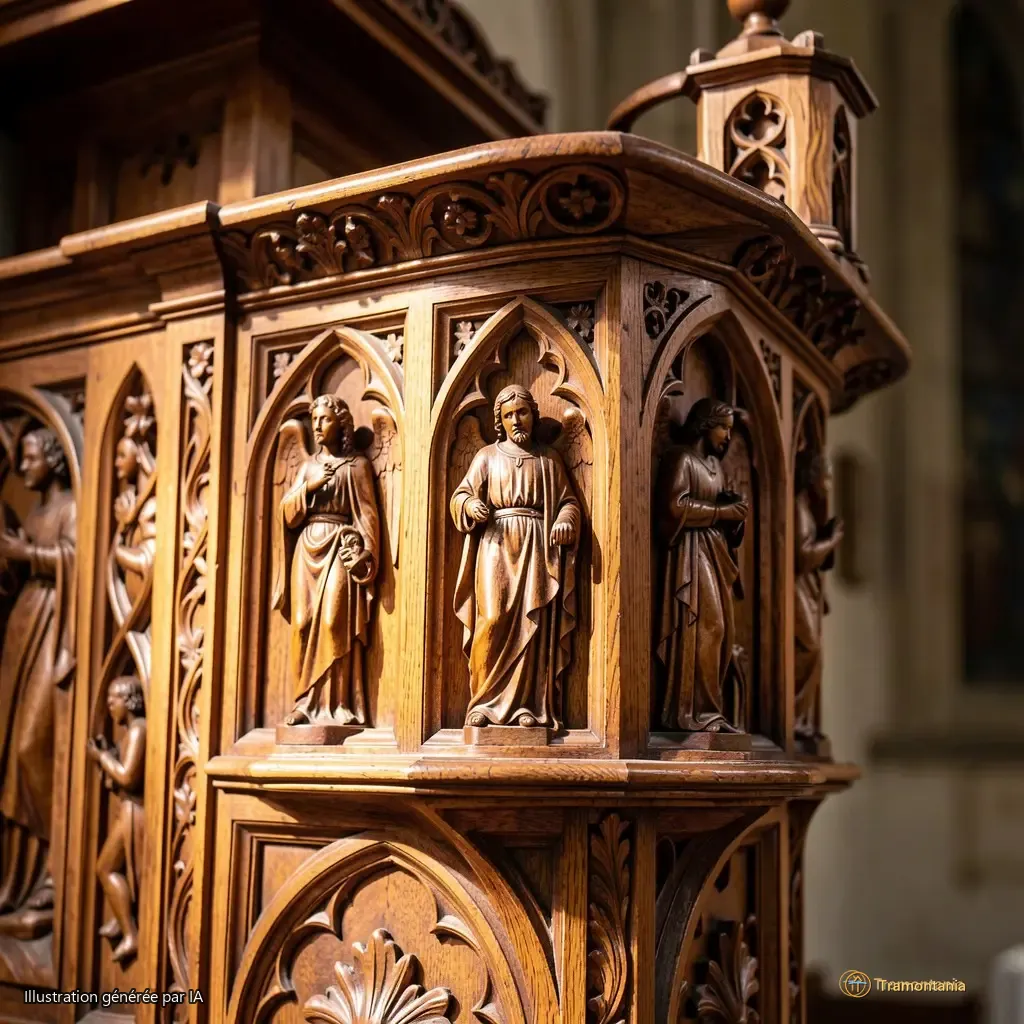 Détail de la chaire à prêcher en bois sculpté, vue rapprochée, lumière latérale soulignant les motifs floraux et les figures angéliques