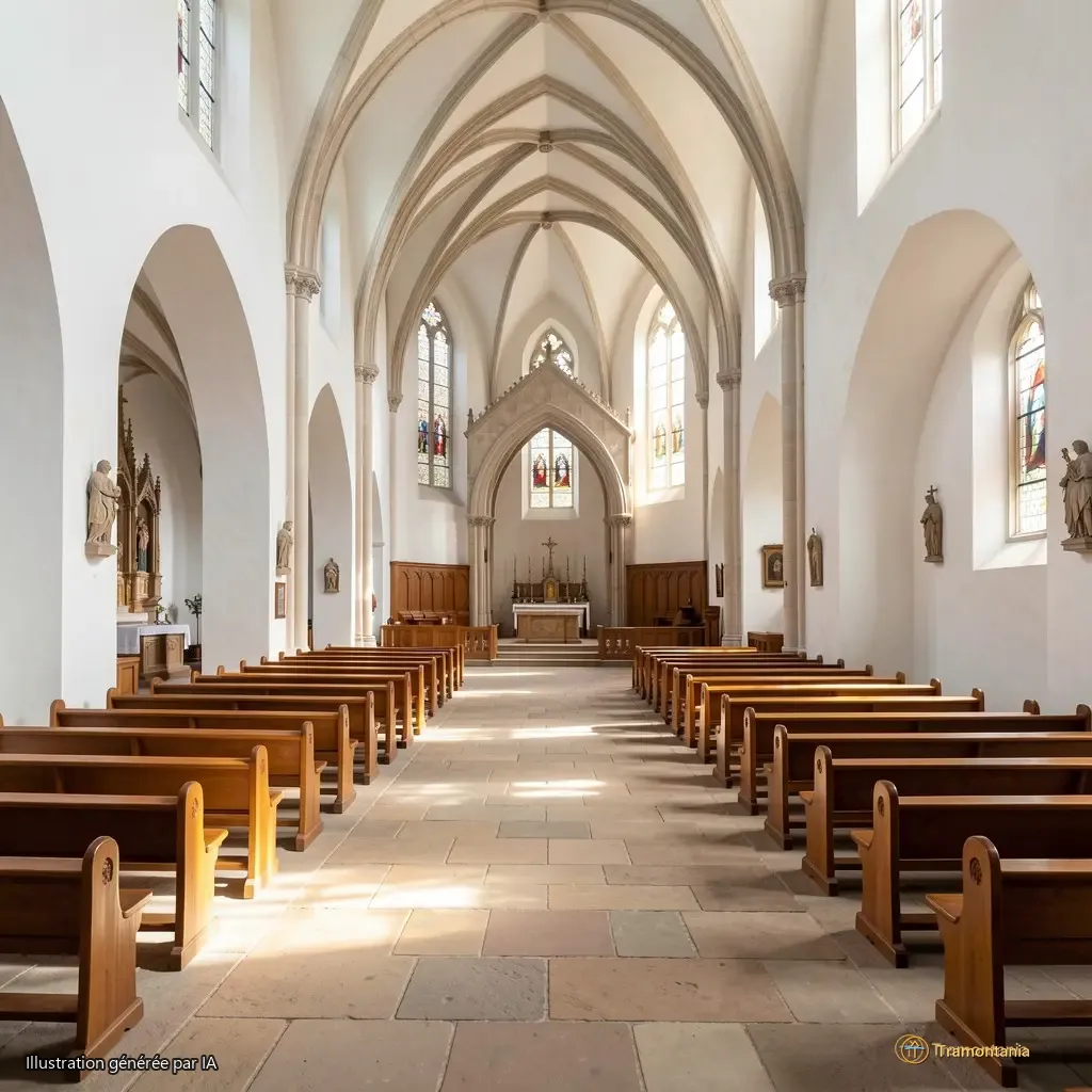 Intérieur de l’église, vue en plan large vers le chœur, sol en pierre, murs enduits blancs, lumière naturelle filtrée par les fenêtres hautes