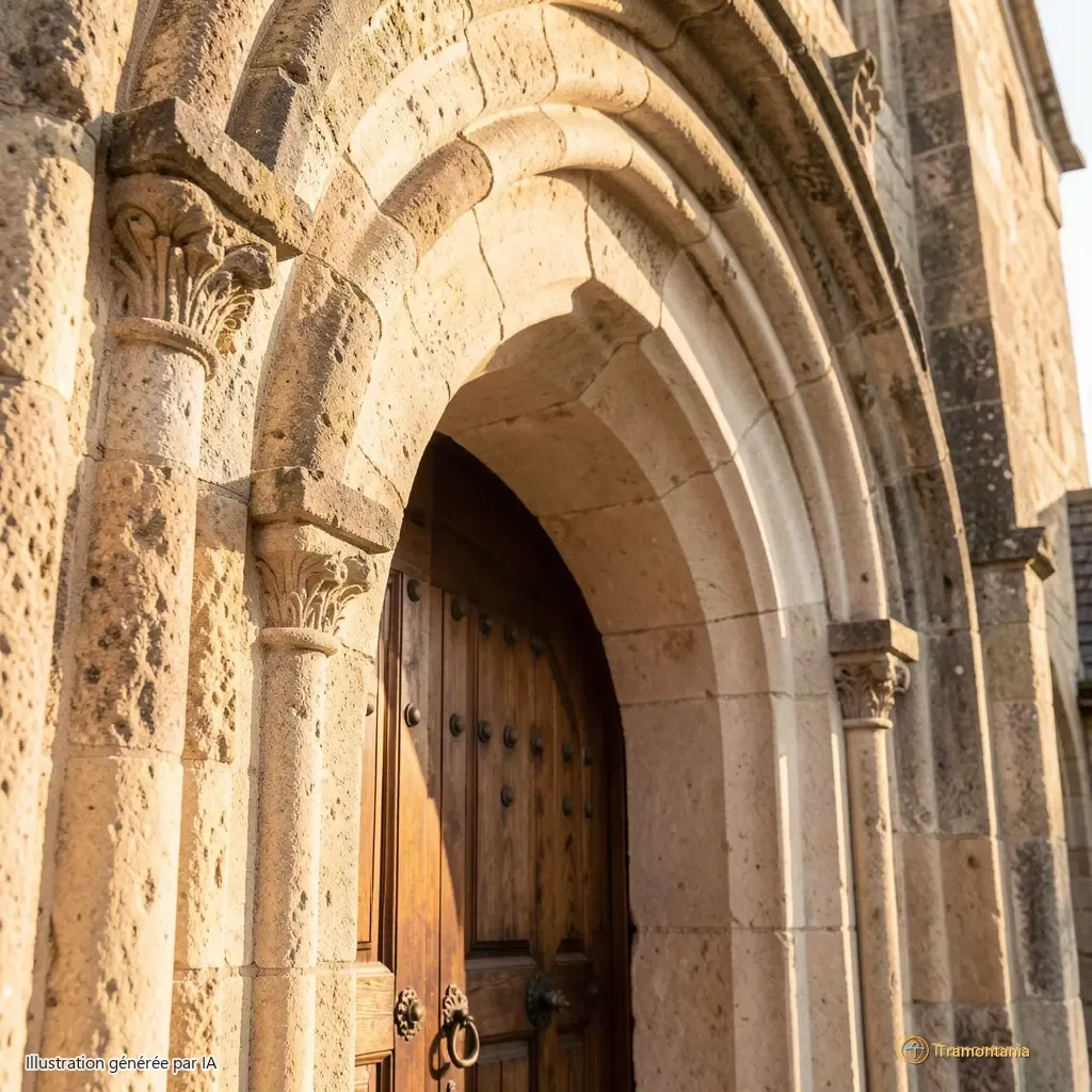Porte d’entrée principale de l’église, vue rapprochée, lumière d’après-midi sur le chambranle en pierre taillée