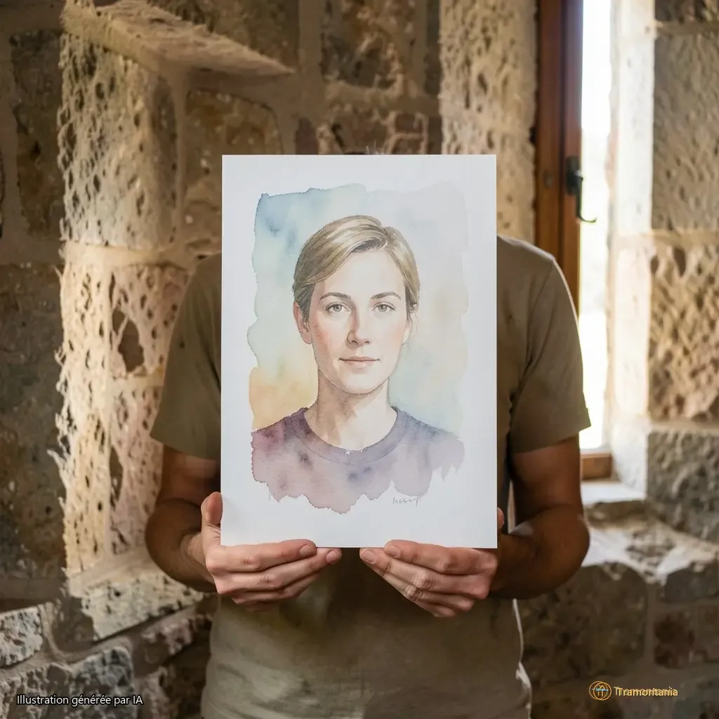 Détail d’une aquarelle reproduite fixée à hauteur d’homme sur un mur en pierre, lumière naturelle filtrant par une fenêtre étroite