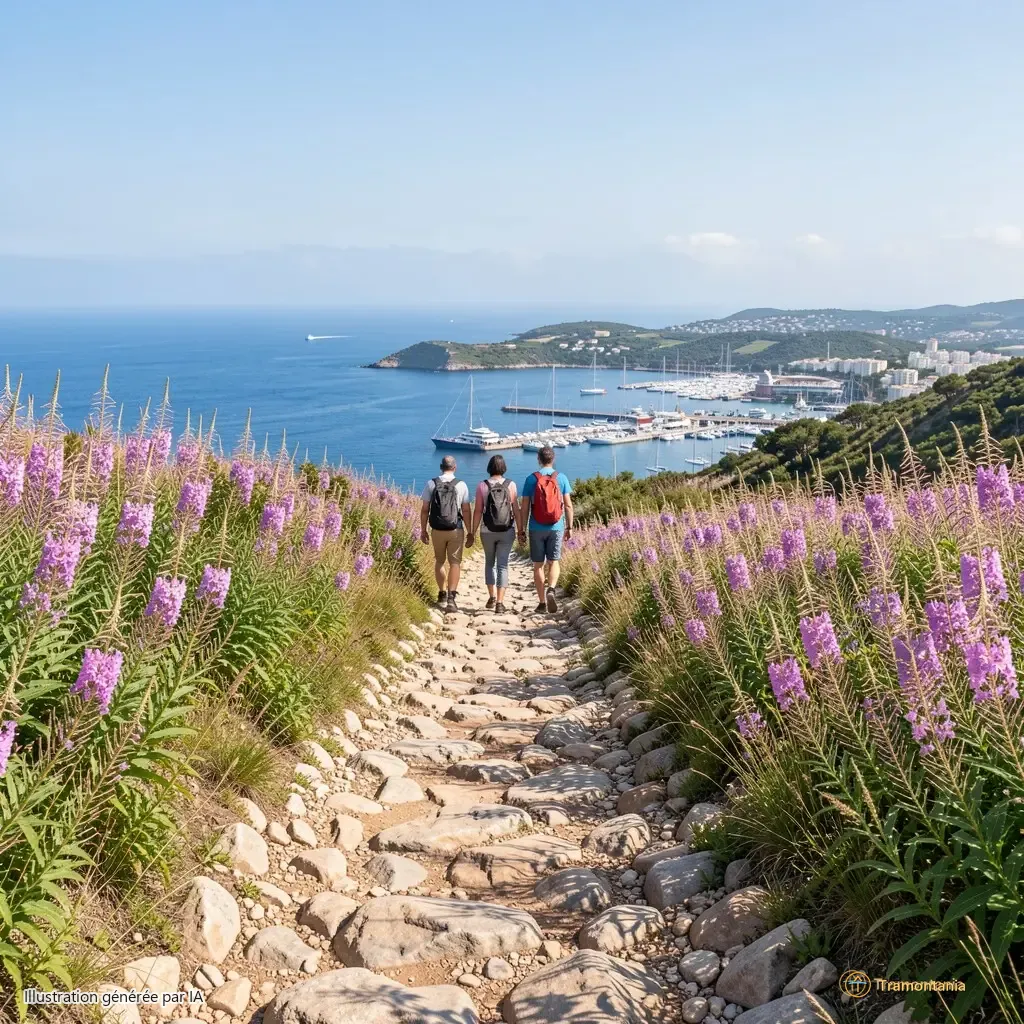 Vue lointaine de trois personnes marchant sur un sentier rocailleux bordé d’euphorbes, au loin le port en contrebas