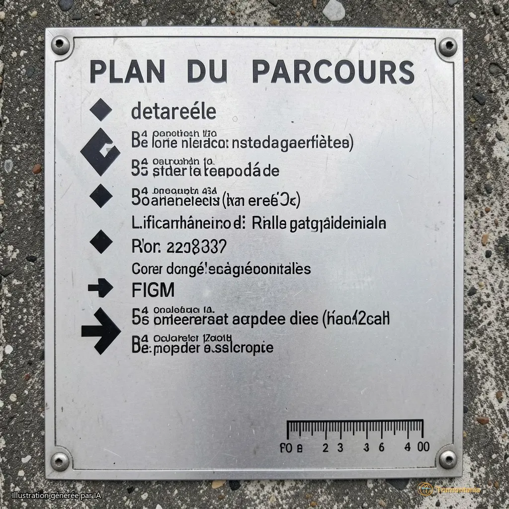 Plan du parcours détaillé fixé sur un panneau métallique, avec des flèches indiquant les points d’arrêt et une échelle en bas à droite