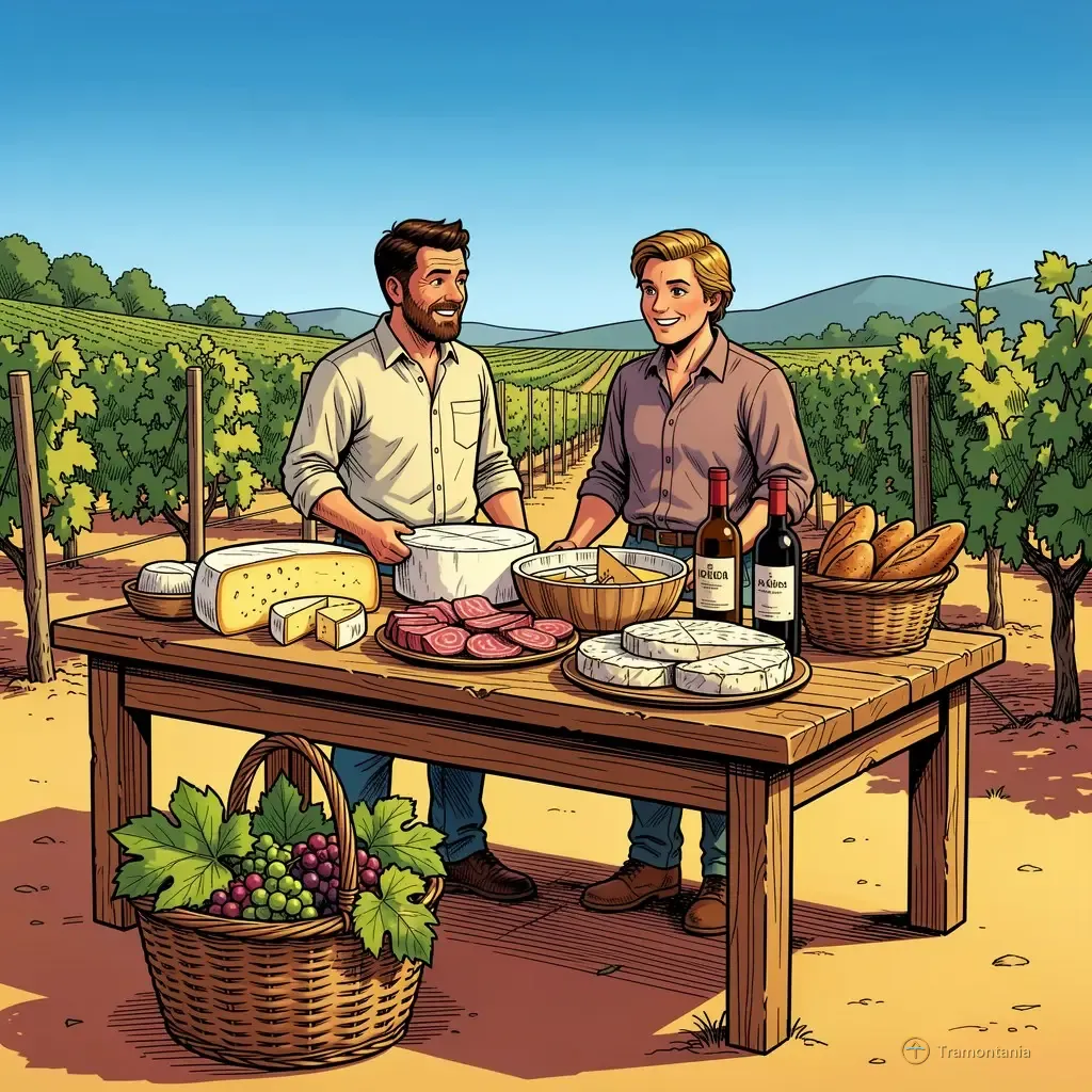 Nino, l'âne de Tramontania — Deux personnes sont réunies autour d'une vieille table présentant divers produits locaux comme fromages, charcuteries et bouteilles près de raisins