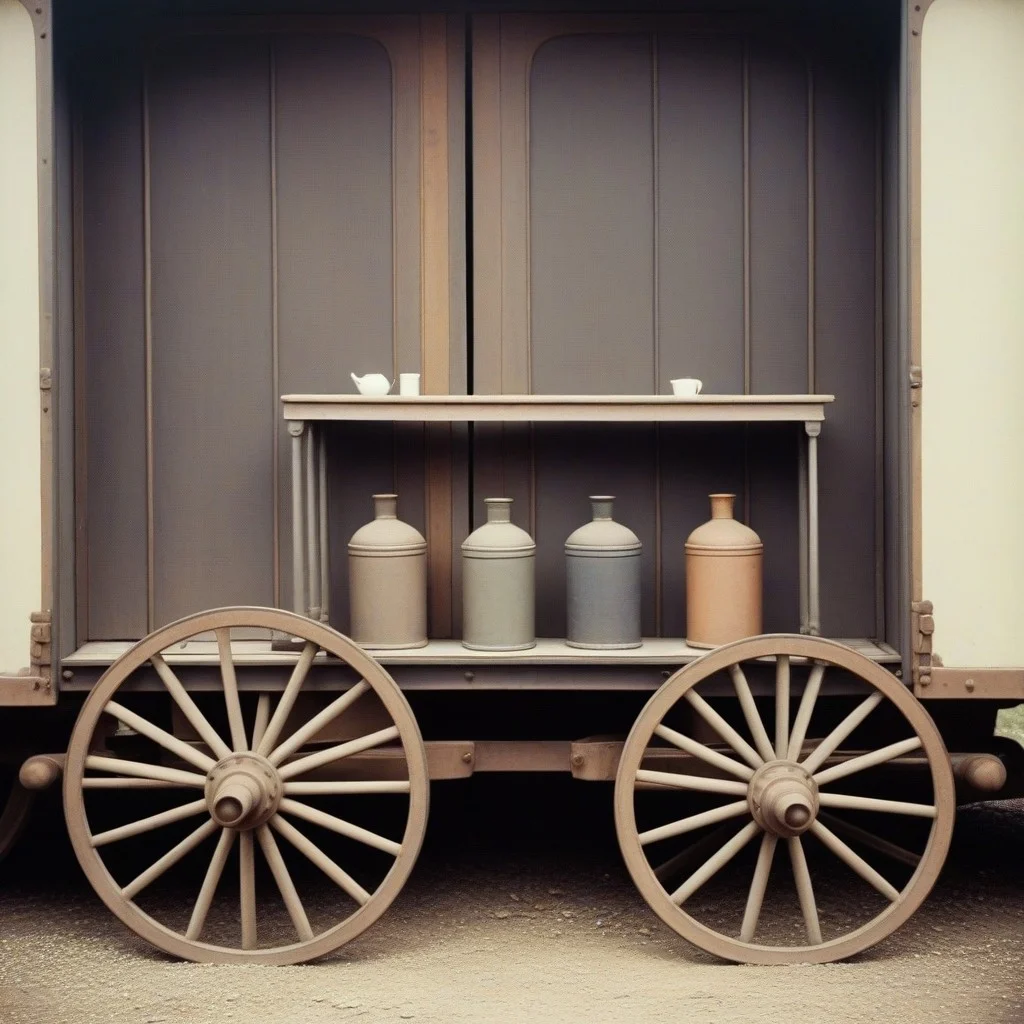 Ancien porte-bouteille en cuivre patiné, avec trois bouchons de liège enfilés sur une tige rouillée, posé sur une étagère de bois sombre dans un wagon abandonné. Une lumière dorée filtre par une vitre sale.