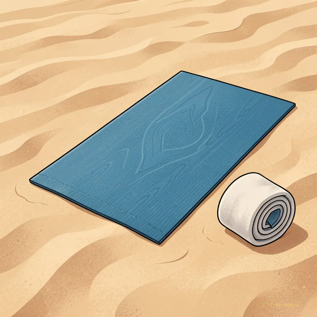 Illustration style BD colorée montrant un tapis de yoga posé sur le sable fin avec une serviette enroulée