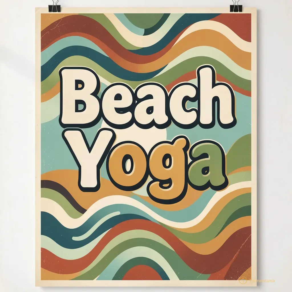Affiche rétro colorée avec des motifs vagues stylisées et le texte "Beach Yoga" en typographie épaisse